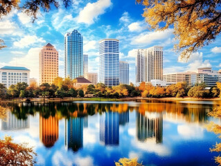 Fototapeta premium Photo - Vibrant Cityscape Reflected in Calm Lake during Autumn