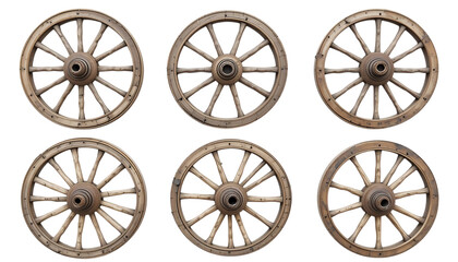 Fototapeta premium Collection of antique weathered wooden wagon wheels png
