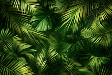 Tropical Background Image Lush Green Palm and Monstera Leaves