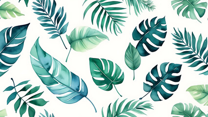 Tropical Leaves Watercolor Pattern Design with Green and Teal Hues