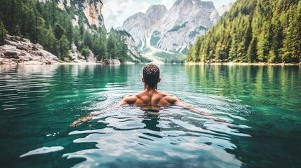 Man swimming in a pristine mountain lake.