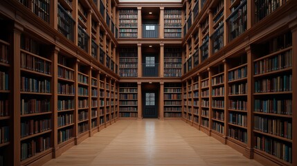 Elegant wooden library interior with bookshelves, polished floor, and large windows illuminating space