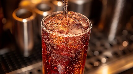 Sparkling beverage being poured into a glass with ice at a modern bar setting during the evening