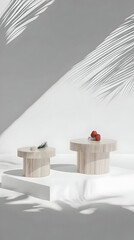 3D Illustration Minimalist White Room, Wooden Tables, Palm Shadows
