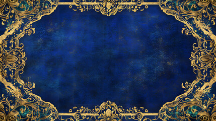 A detailed and intricate blue background adorned with gold accents and ornate patterns.