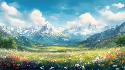 A vibrant green meadow with wildflowers, framed by towering snow-capped mountains under a bright sky.