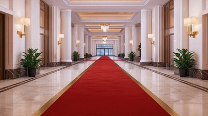 Fototapeta premium Elegant and Luxurious Hallway with Red Carpet and Decorative Columns in Modern Interior Space