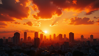 Fototapeta premium Urban skyline at sunset with dramatic clouds