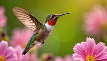 Naklejka premium Hummingbird hovering near pink flowers