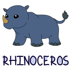 cute one-horned rhinoceros with colorful text below hand written
