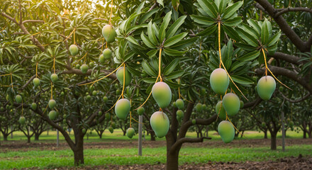 Mango trees with hanging fruit in vibrant green orchard