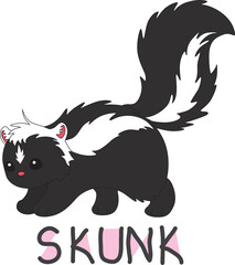 fluffy black and white skunk with a large tail with colorful text below hand written