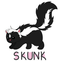 fluffy black and white skunk with a large tail with colorful text below hand written