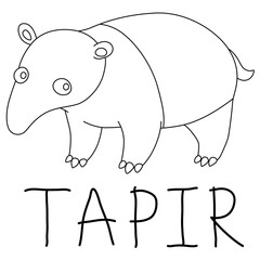 tapir stands and looks at the camera with text below hand written