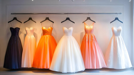 Photo, Colorful Gown Display, Bridal Shop Fashion, Clothes Retail