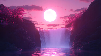 Soft pink glow reflecting off a calm water surface and waterfall.