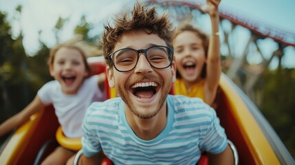 Joyful group of friends enjoying a thrilling ride at an amusement park, capturing unforgettable moments of happiness