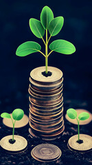 3D Illustration - Growing Investment Concept, Plant Growing on Coin Stack
