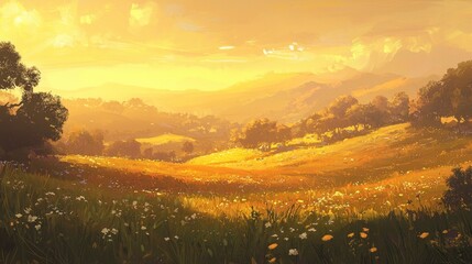 Obraz premium Golden sunset over rolling hills and wildflowers.