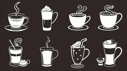 Diverse Set of Coffee - Centric Icons: Teas, Drinks, Cocoa, Cups, and Cafe Scenes