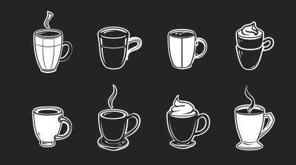 Diverse Set of Coffee - Centric Icons: Teas, Drinks, Cocoa, Cups, and Cafe Scenes