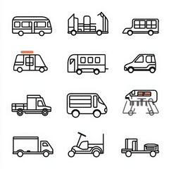 Twelve Black Line Drawings of Various Vehicles on White Background