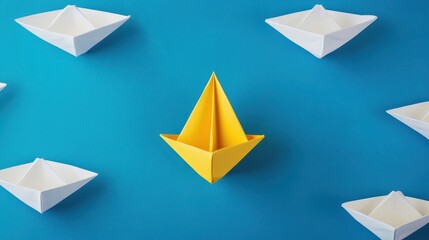 Bright Yellow Paper Boat Surrounded by White Paper Boats on Vibrant Blue Background