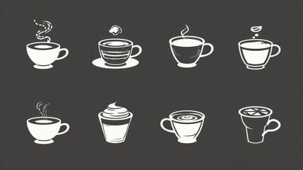 Obraz premium Diverse Set of Coffee - Centric Icons: Teas, Drinks, Cocoa, Cups, and Cafe Scenes