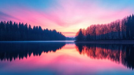 Obraz premium Serene Sunset Reflections on Calm Lake Surrounded by Lush Evergreen Trees and Soft Colorful Sky