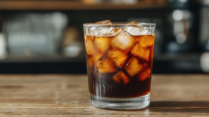 Refreshing Cold Beverage with Ice Cubes in a Clear Glass on Wooden Table in a Cozy Setting