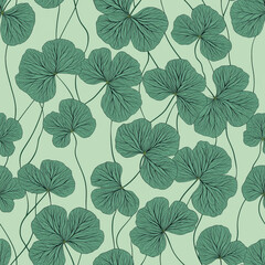 Obraz premium Seamless clover four leaves, green shamrocks line art wallpaper pattern on light colored background. Shamrock leaves in soft green hues for fabric, gift wrapping, wallcovering, banner, invitation card