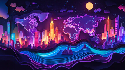 Obraz premium Colorful city skyline with a world map under a starry night sky.