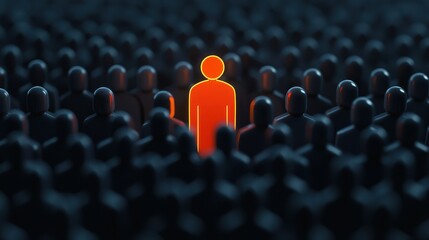 Fototapeta premium Lone Figure Standing Out in a Crowd of Dark Silhouettes Representing Individuality and Unique Identity Concept