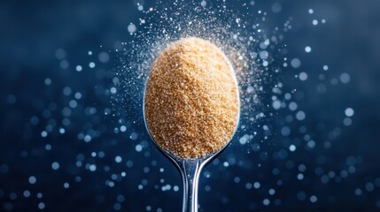 Fototapeta premium Close-Up of Brown Sugar Pile on Spoon with Sparkling Dust against Dark Background