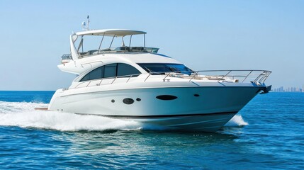 Luxury white yacht speeding across the ocean.