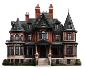 Grand Victorian mansion, red brick, dark trim, turrets, isolated on white.