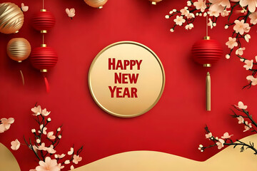 Naklejka premium 3D Illustration Happy New Year Red Lanterns Flowers Background
