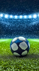 Naklejka premium 3D Soccer Ball on Lush Green Field Under Stadium Lights