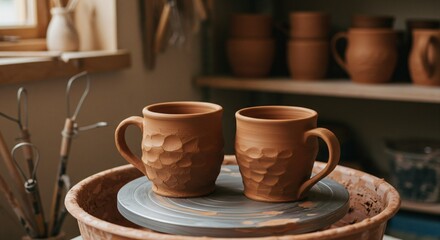 Two clay mugs on a pottery wheel