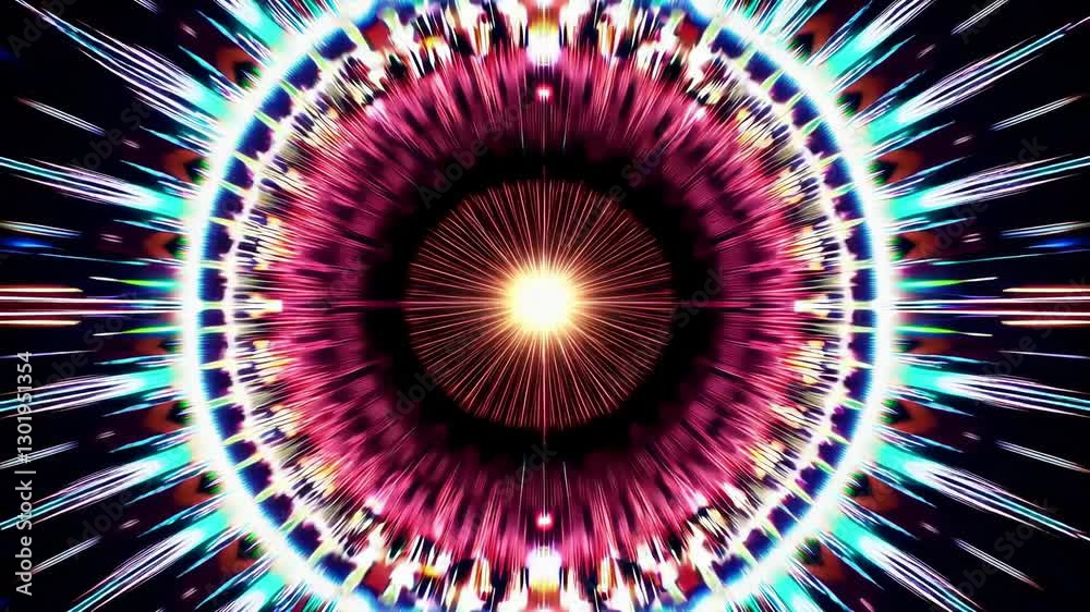 Poster vibrant circular kaleidoscope pattern with radiant center glowing in dark background
