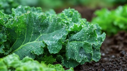 Fresh Kale Leaves with Dew on Soil Background in Garden Setting