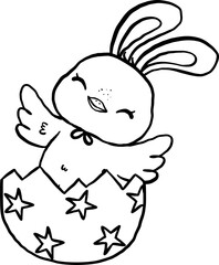 Groovy Easter Chicken Bunny Ears in Egg Cartoon Outline Doodle