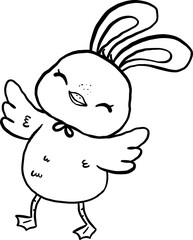 Happy Easter Baby Chicken with Bunny Ears Cartoon Outline Doodle