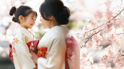 日本の母子が向き合い、桜を背景に入学もしくは卒業を喜ぶイメージ