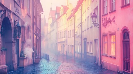 Fototapeta premium Quaint Street View with Vintage Lamp Posts in Pastel Hues