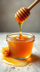 Goldener Honig in Glas mit Honiglöffel und Bienenwabe auf rustikalem Holz.