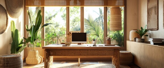 Bright bohemian-style home office with woven decor, 