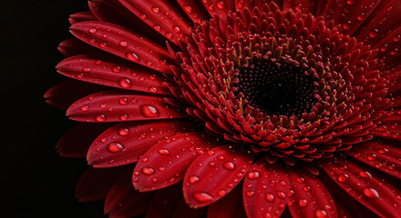 Red Gerbera Daisy With Water Droplets Against Black Backdrop