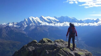 Fototapeta premium Hiker admiring majestic snow-capped mountain range.