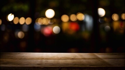 background of wooden table in front of abstract blurred restaurant lights

